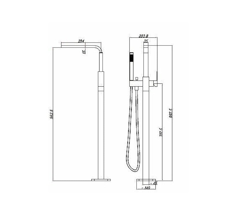 Technical Drawing: Chao Square Floor Mixer with Hand Shower Brushed Nickel