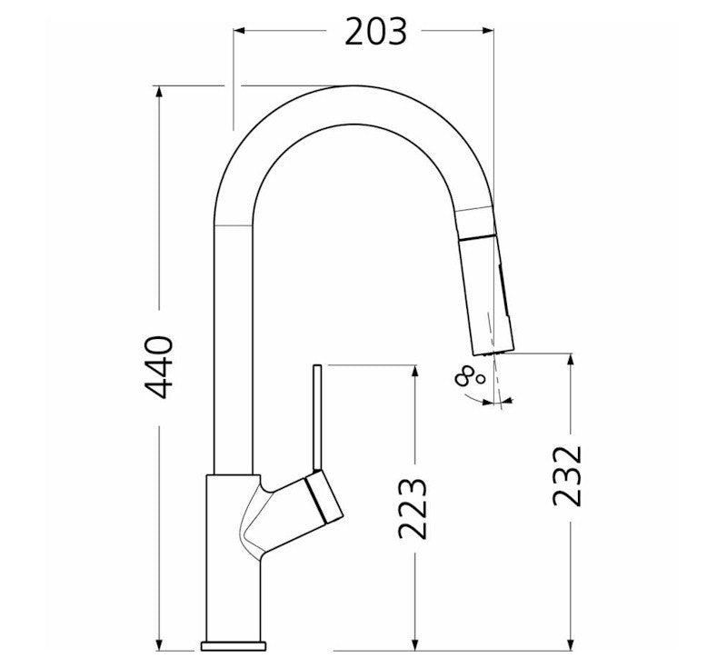 Technical Drawing - Oliveri Vilo Pull Out Spray Mixer Santorini Black