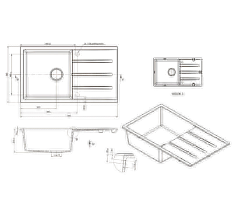 Technical Drawing: Dello Single Bowl With Drainer Black Finish - 860x 500x 210