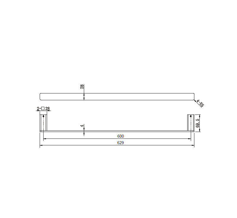 Technical Drawing: Noble Single Towel Rail Chrome 600