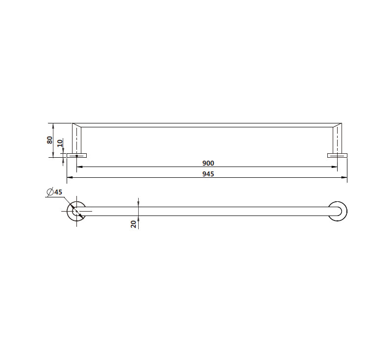 Technical Drawing: Eva Single Towel Rail Chrome 900