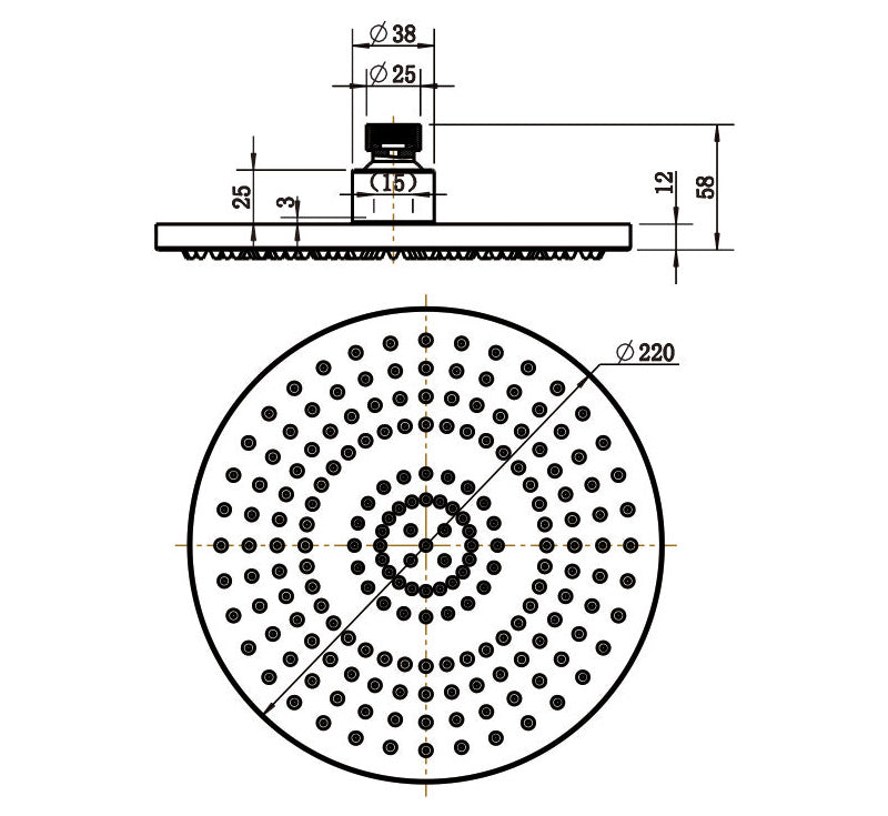 Technical Drawing: Shower Head Round Matte Black
