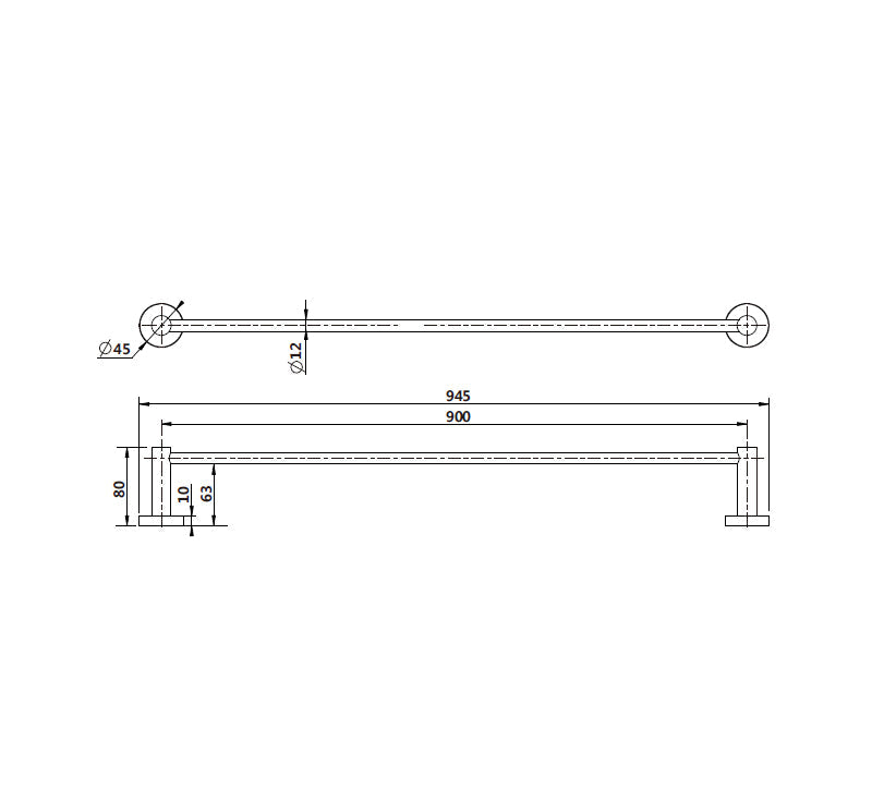 Technical Drawing: Mirage Single Towel Rail Matte Black 900