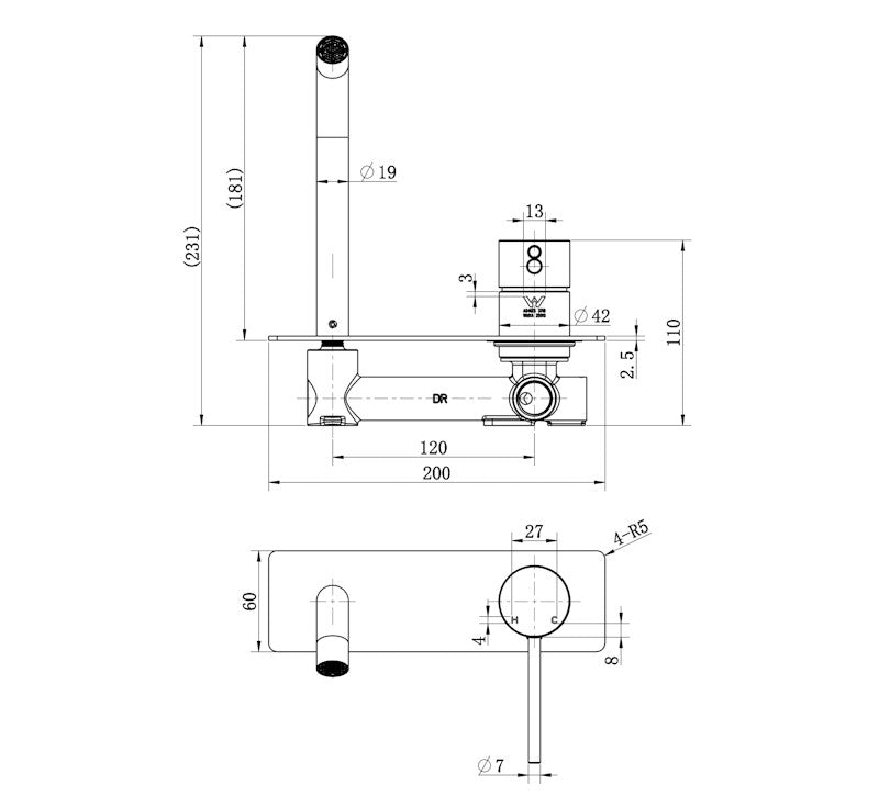 Technical Drawing: Star Mini Wall Combination Brushed Nickel