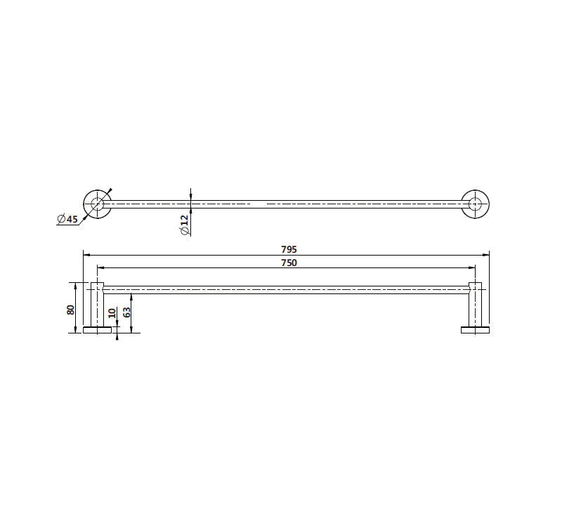 Technical Drawing: Mirage Single Towel Rail Chrome 600