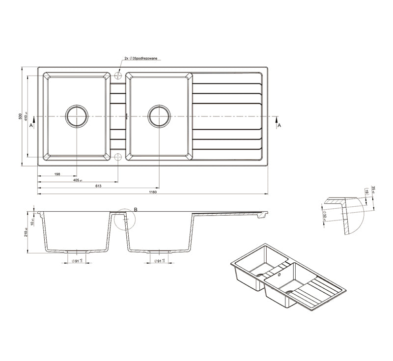 Technical Drawing: Riva Double Bowl With Drainer Black