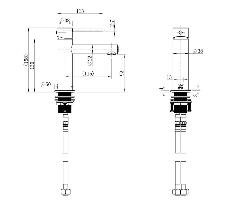 Technical Drawing: Star Mini Basin Mixer PVD Brushed Bronze