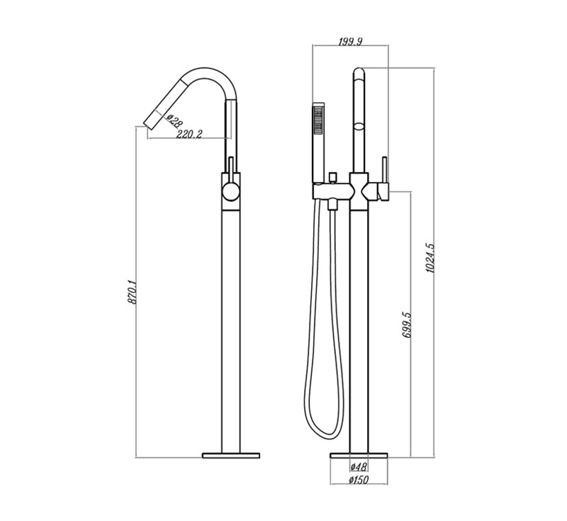 Technical Drawing: Freestanding Bath Mixer Champagne