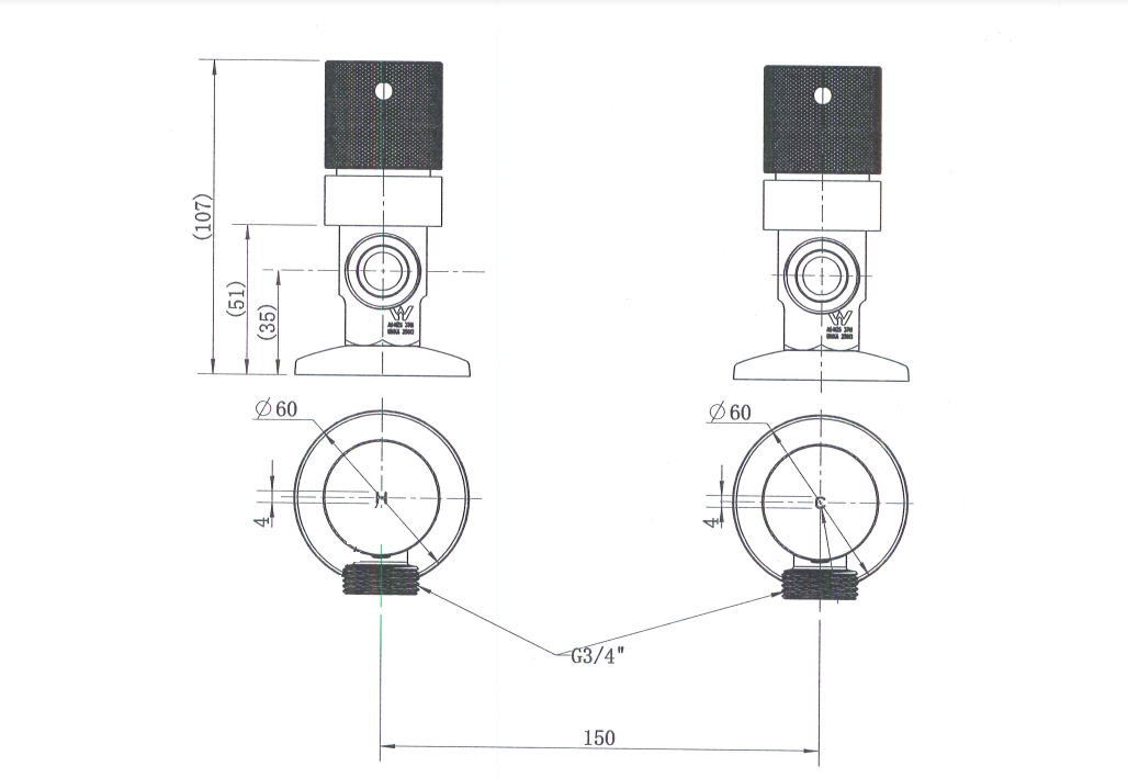 Technical Drawing: Cadence 1/4 Turn Washing Machine Stops Chrome