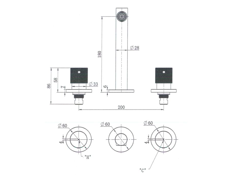 Technical Drawing: Modern National Cadence 1/4 Turn Bath Set Matte Black