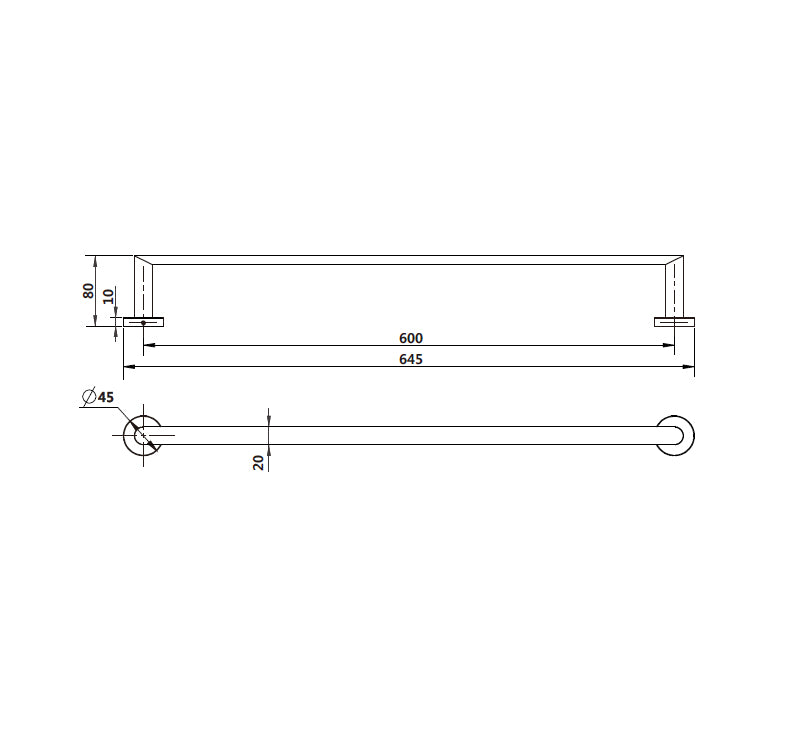 Technical Drawing: Eva Single Towel Rail Chrome 600