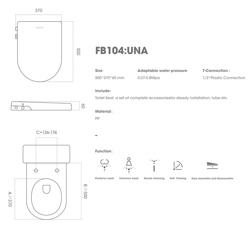 Technical Drawing: Lafeme Una Non Electric Bidet Toilet Seat Cold Wash Only