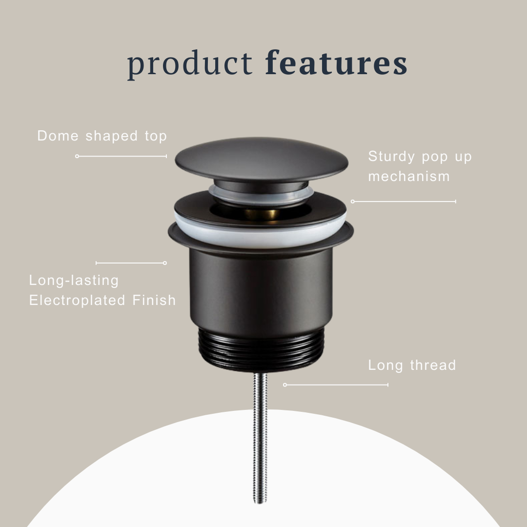 Indigo Ciara Pop Up Waste 40mm Matte Black product features | The Blue Space