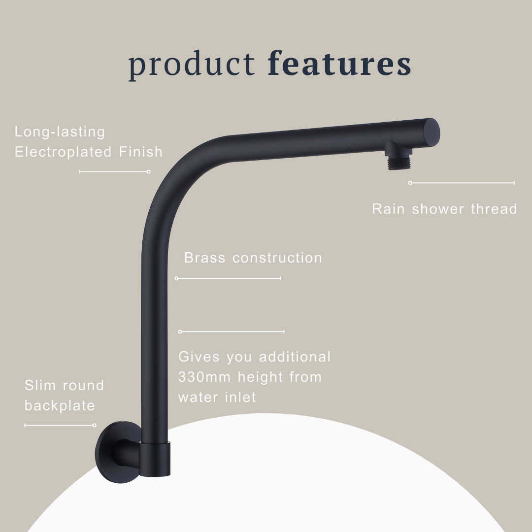 Indigo Ciara Upswept Right Angle Shower Arm 350mm Matte Black - The Blue Space