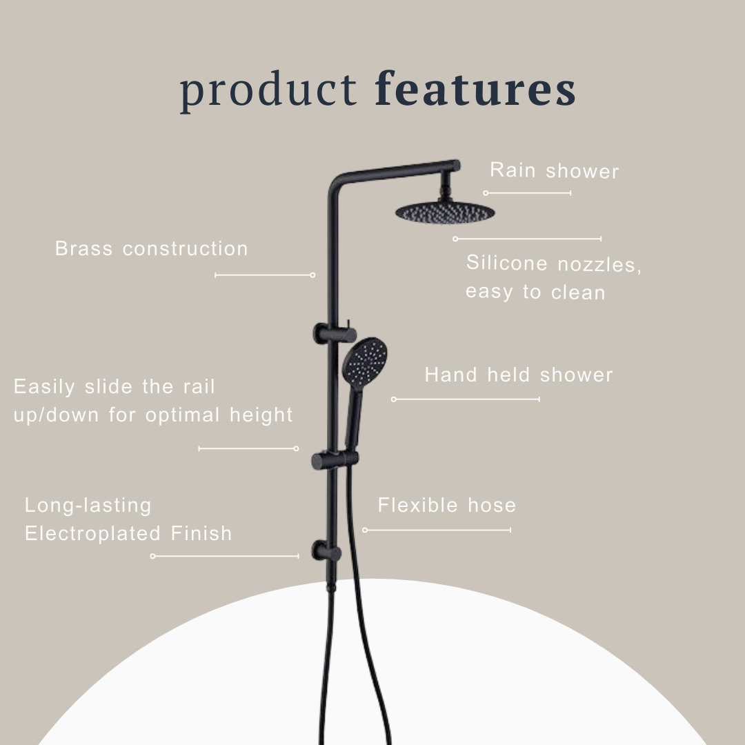 Indigo Ciara Shower on Rail with Overhead Matte Black features