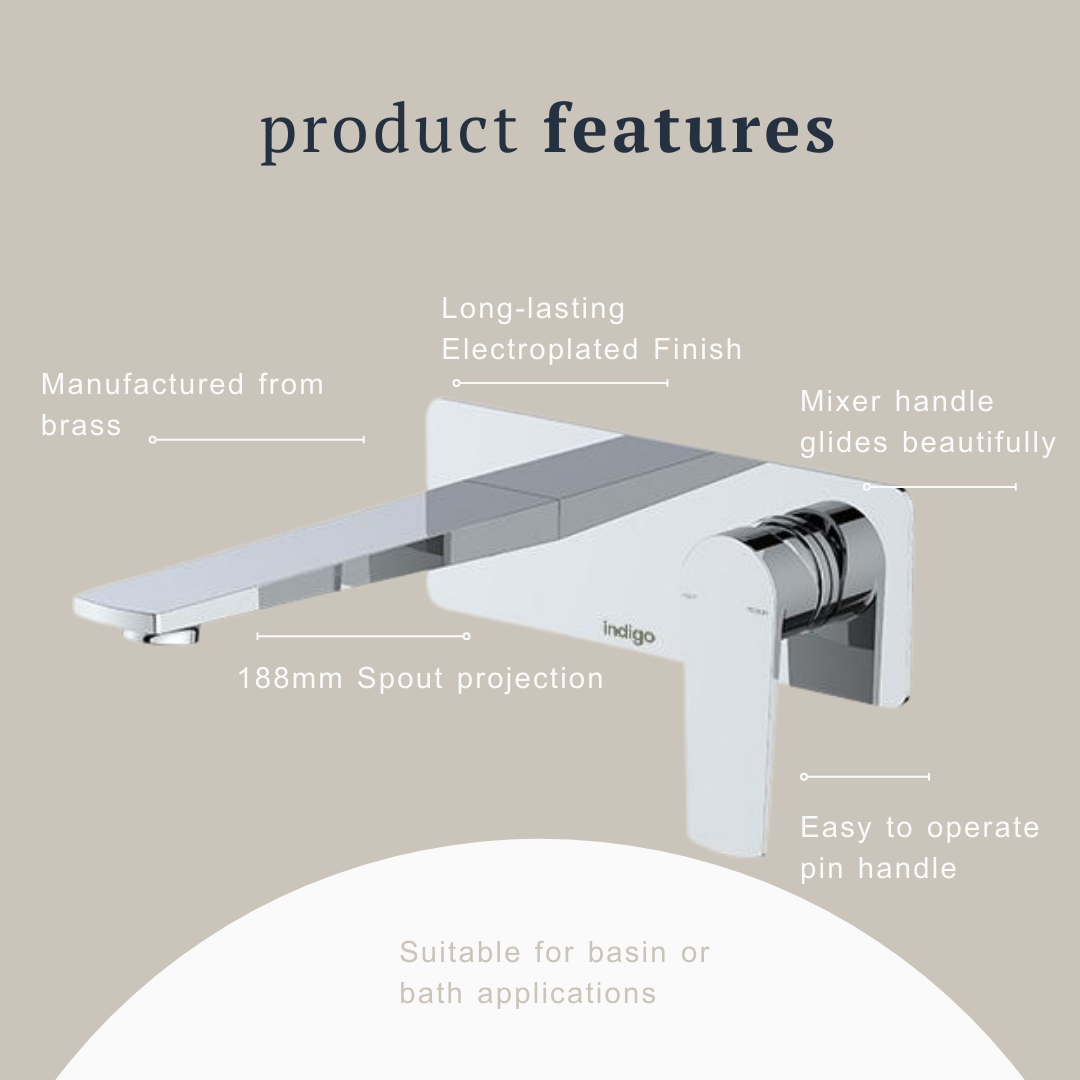 Indigo Savina Wall Basin/Bath Mixer 180mm Chrome product features | The Blue Space