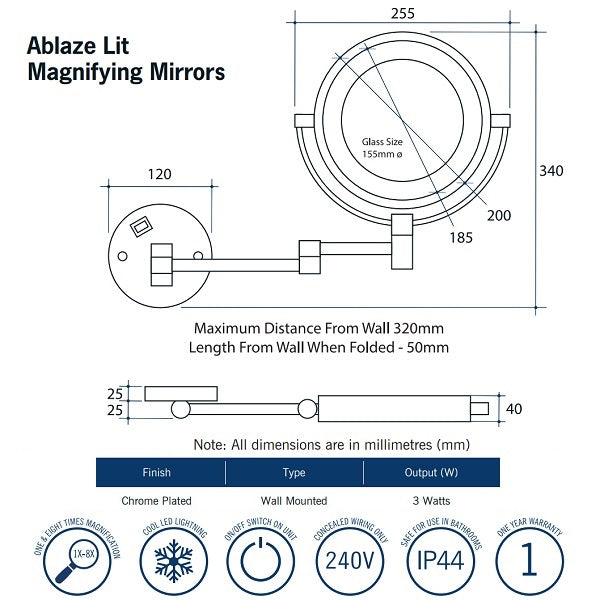 Technical Specification: Thermogroup Ablaze Lit Magnifying Mirror 1x & 8x Mag - Chrome