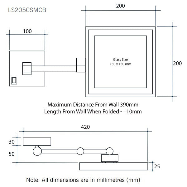Technical Drawing: Thermogroup Ablaze Lit Magnifying Square Mirror 3x Mag