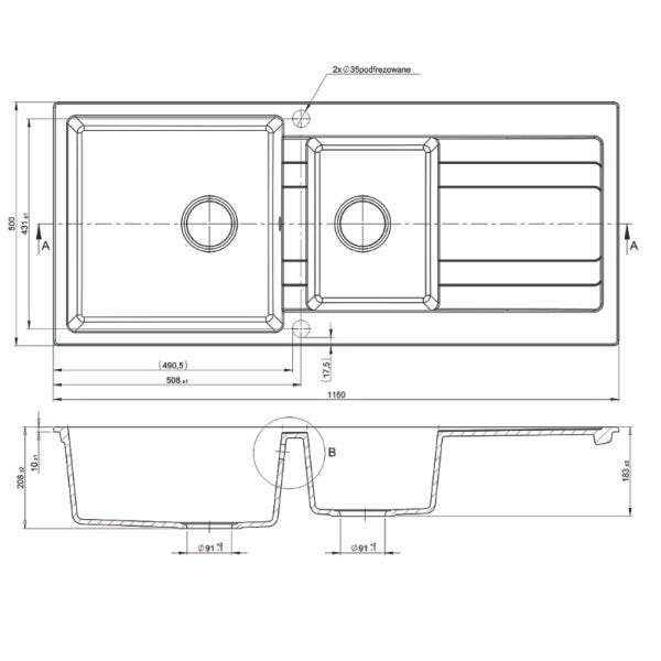 Technical Drawing: 1 & 1/2 Bowl Granite Sink With Drainer