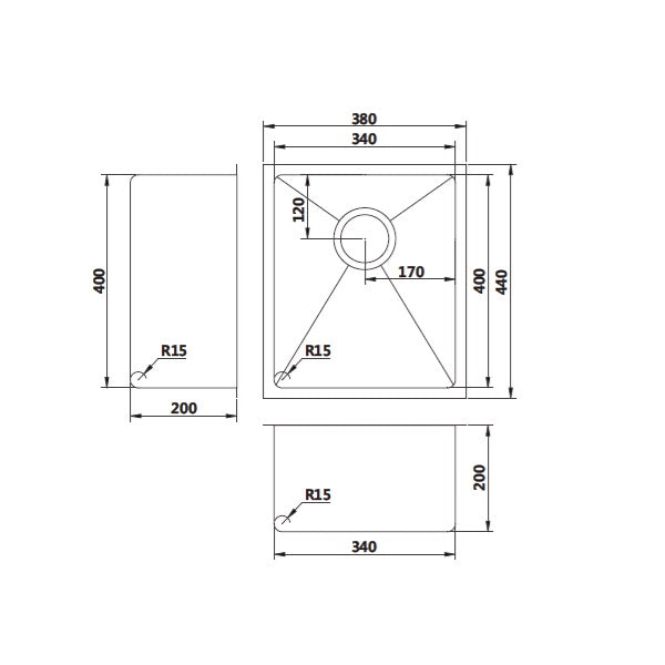 Technical Drawing: Single Bowl Sink - Round Corner, Round Waste Gun Metal