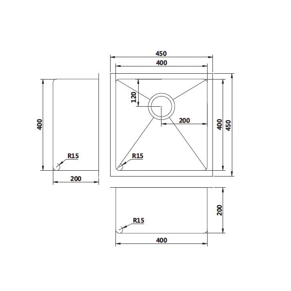 Technical Drawing: Single Bowl Sink - Round Corner, Round Waste Gun Metal