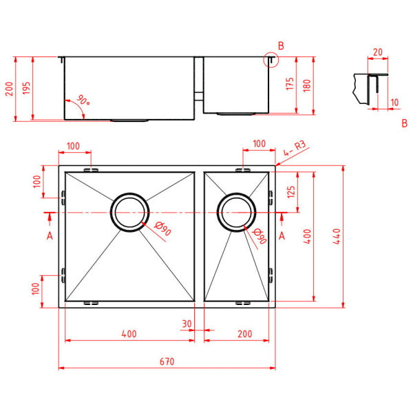 Technical Drawing: 1 & 1/2 Double Bowl Sink, Round Corner Round Waste