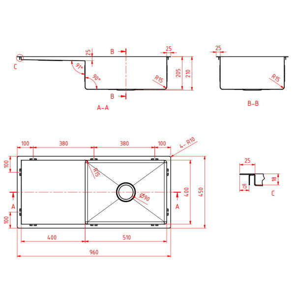 Technical Drawing: Single Bowl Sink, Round Corner Round Waste - Left Or Right Drainer