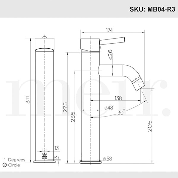 Meir Round Tall Chrome Basin Mixer with Curved Spout Dimensions - The Blue Space
