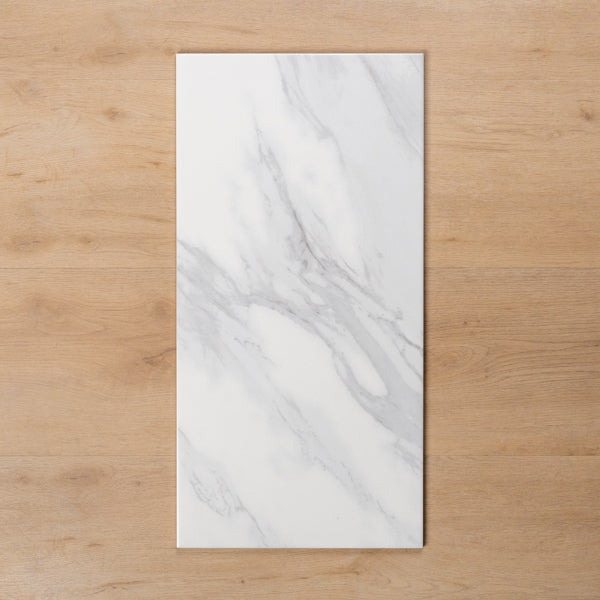 Kings Marble Carrara White Gloss Cushioned Edge Ceramic Tile 300x600mm - The Blue Space