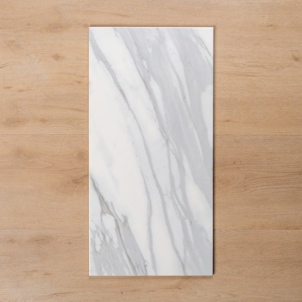 Kings Marble Carrara White Satin Cushioned Edge Ceramic Tile 300x600mm
