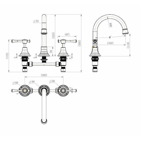 Technical Drawing: Montpellier Basin Set Brushed Bronze