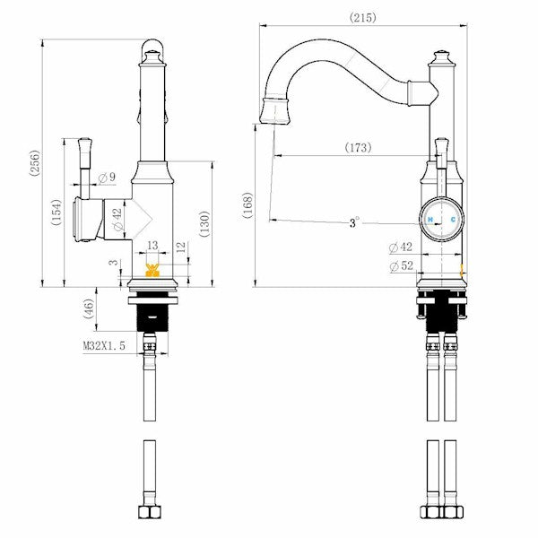 Technical Drawing: Montpellier High Rise Basin Mixer Black
