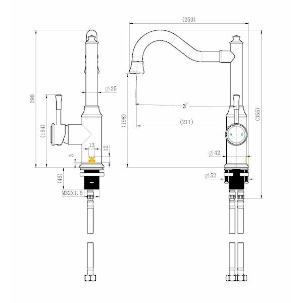 Technical Drawing: Montpellier Kitchen Mixer Black