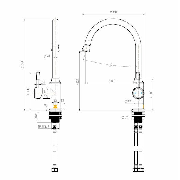 Technical Drawing: Montpellier Goose Neck Kitchen Mixer Brushed Nickel