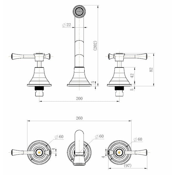 Technical Drawing: Montpellier Wall Bath Set Brushed Bronze