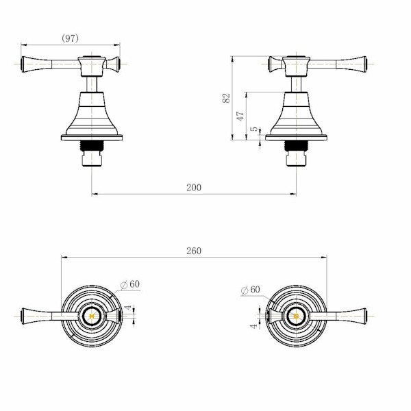 Technical Drawing: Montpellier Wall Assemblies 1/4 Turn Brushed Nickel