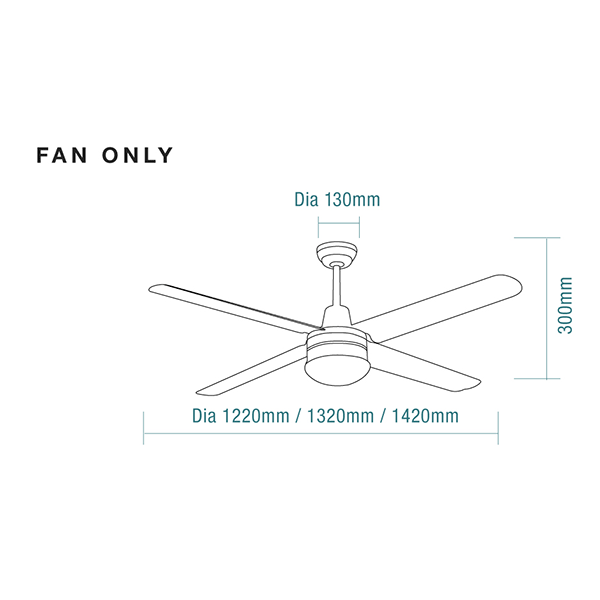 Technical Drawing - Martec Precision 52" 132cm Ceiling Fan Brushed Nickel with 304 Stainless Blades