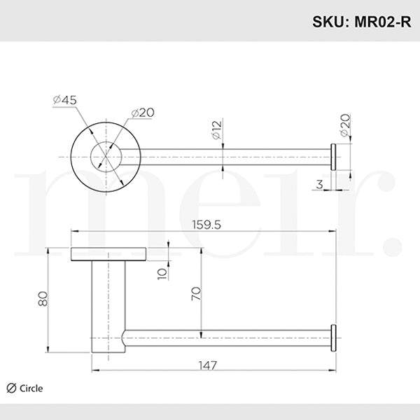 Meir Round Matte Black Toilet Roll Holder Technical Drawing - The Blue Space