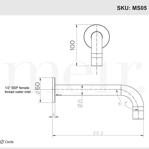 Meir Champagne Round Curved Wall Spout 200mm - Line Drawings