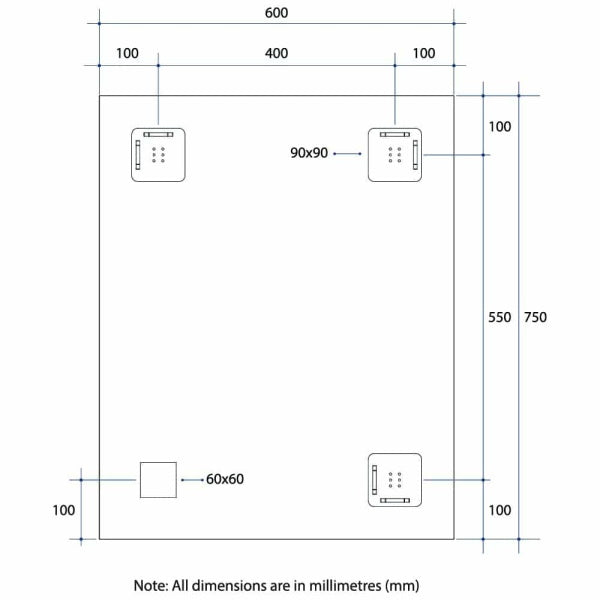 Technical Drawing: MS6075HN Thermogroup Rectangle 25mm Bevel Edge Mirror