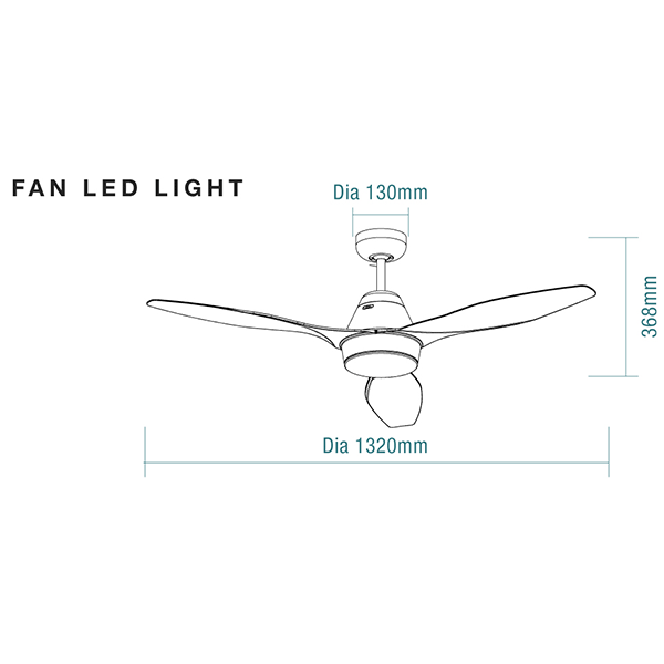 Technical Drawing - Martec Triumph 52" 132cm Ceiling Fan with 16W LED CCT Light White Satin