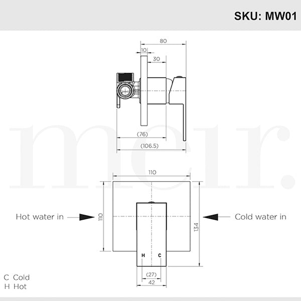Meir Square Matte Black Wall Mixer Dimensions - The Blue Space