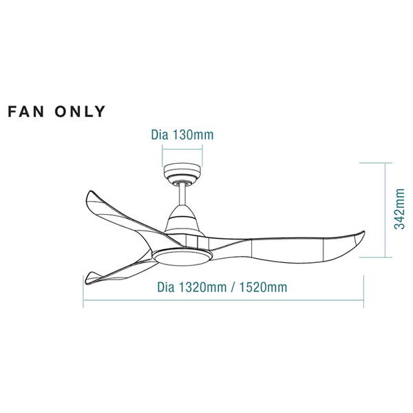 Technical Drawing - Martec Wave 60" 152cm DC Ceiling Fan with 18W LED CCT Light Matt Black FAN ONLY