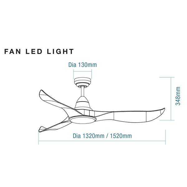 Technical Drawing - Martec Wave 60" 152cm DC Ceiling Fan with 18W LED CCT Light Matt Black FAN WITH LIGHT