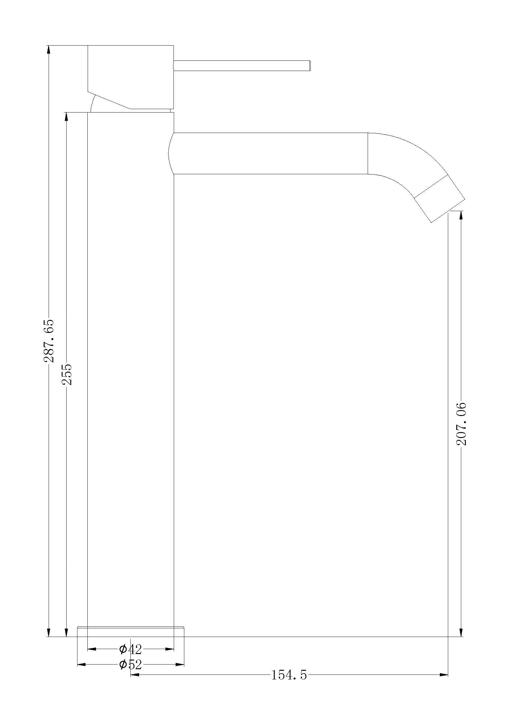 Technical Drawing: Nero Mecca Tall Basin Mixer Gun Metal