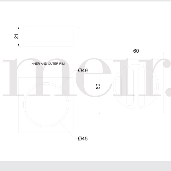 Techncial Drawing - Meir Square Floor Grate Shower Drain 50mm Outlet - Matte Black