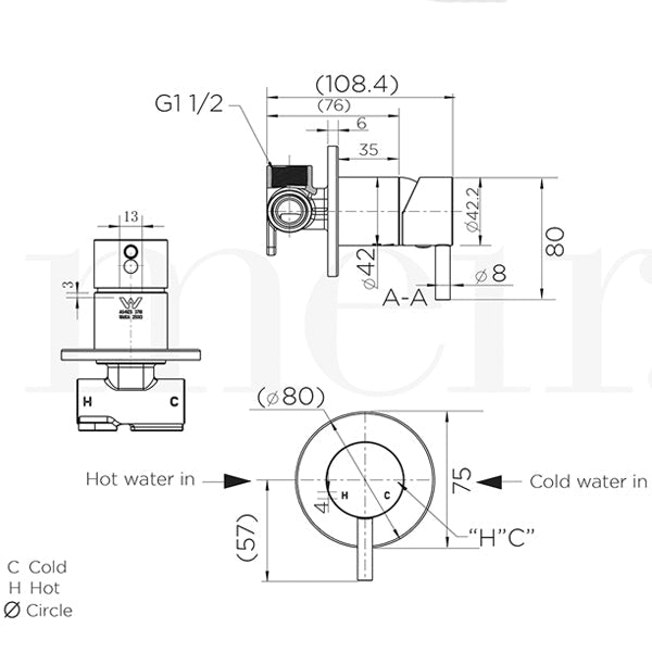 Technical Drawing - Meir Round Matte Black Wall Mixer Short Pin Lever