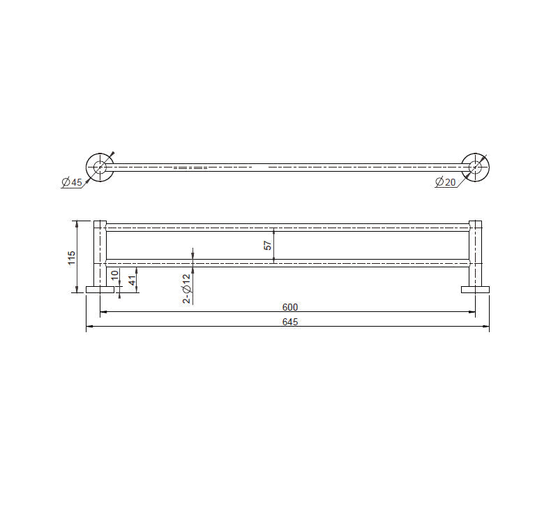 Technical Drawing: Mirage Double Towel Rail 600mm Champagne