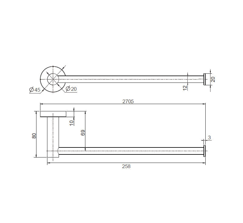 Technical Drawing: Mirage Hand Towel Bar 260mm Matte Black