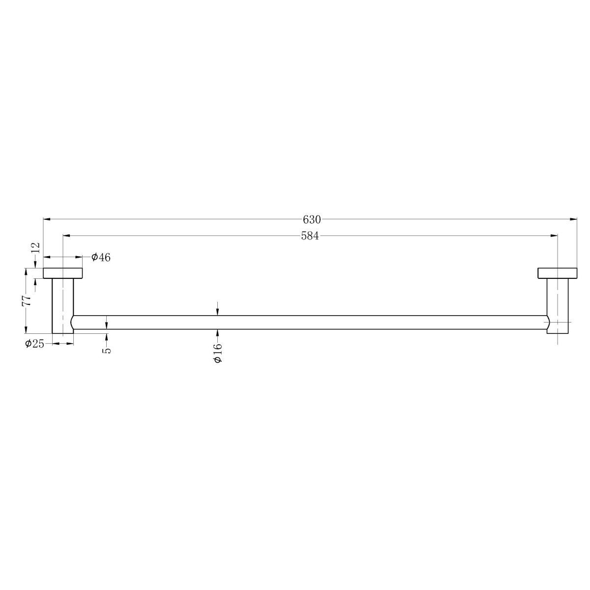 Technical Drawing: Nero Mecca Single Towel Rail 600mm Brushed Nickel
